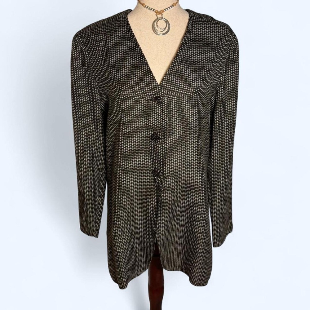 Linda Bertozzi Vintage Tweed Oversized Blazer Black White Collarless Jacket 6